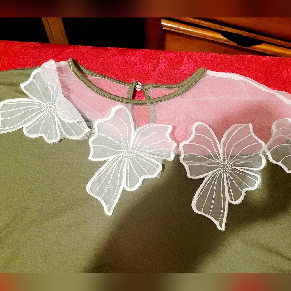 Olive Green Women's Top with Lace Appliqué - Picture 8 of 11